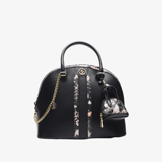 Large Black Dome Satchel Handbag with Mini Charm & Chain