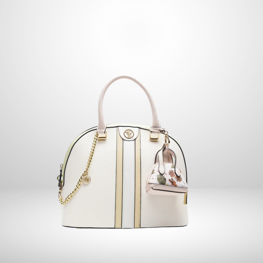 White Multi Convertible Satchel Handbag with Mini Charm & Chain