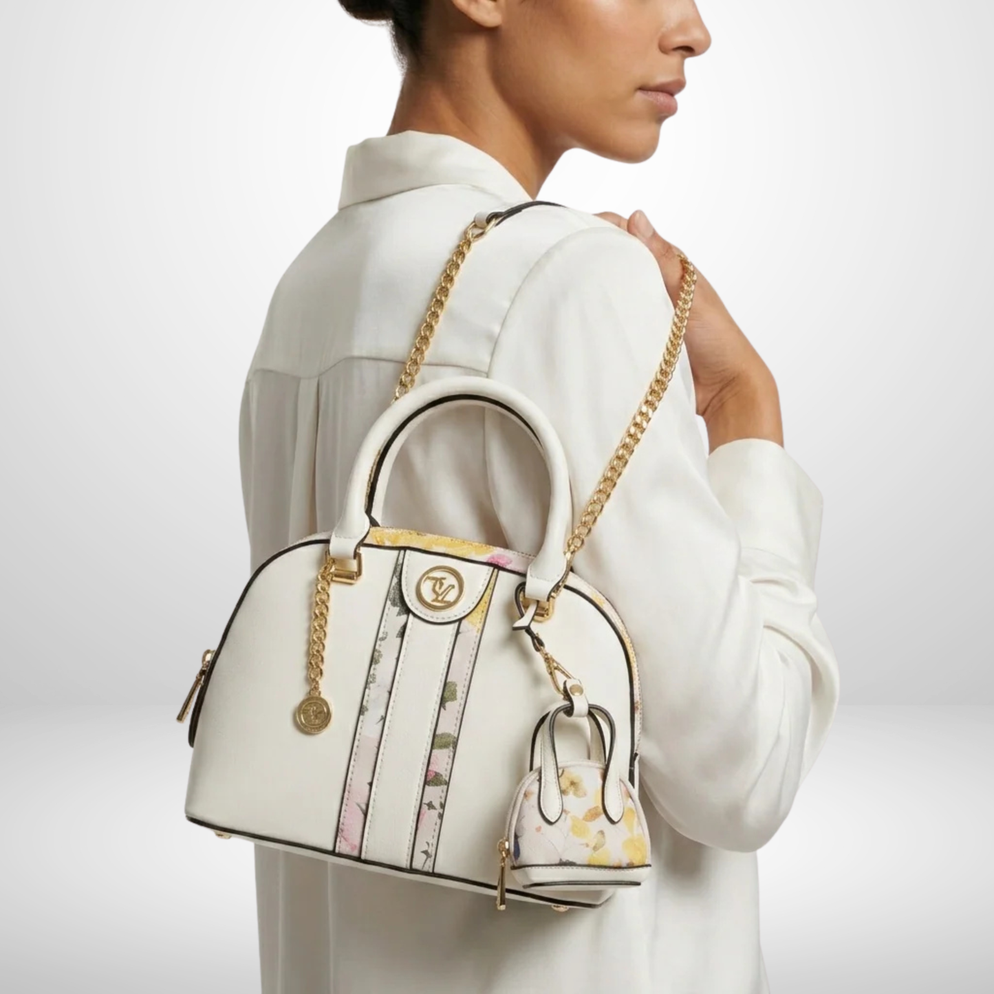 Off White Floral Dome Satchel Handbag with Mini Charm & Chain