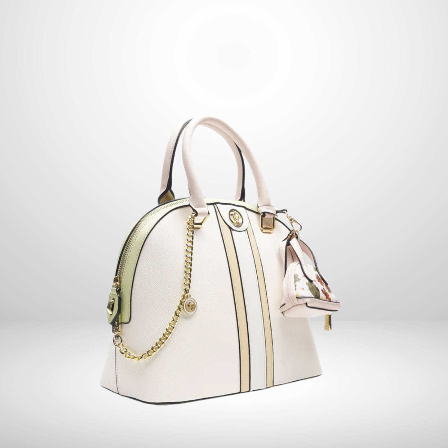 White Multi Convertible Satchel Handbag with Mini Charm & Chain