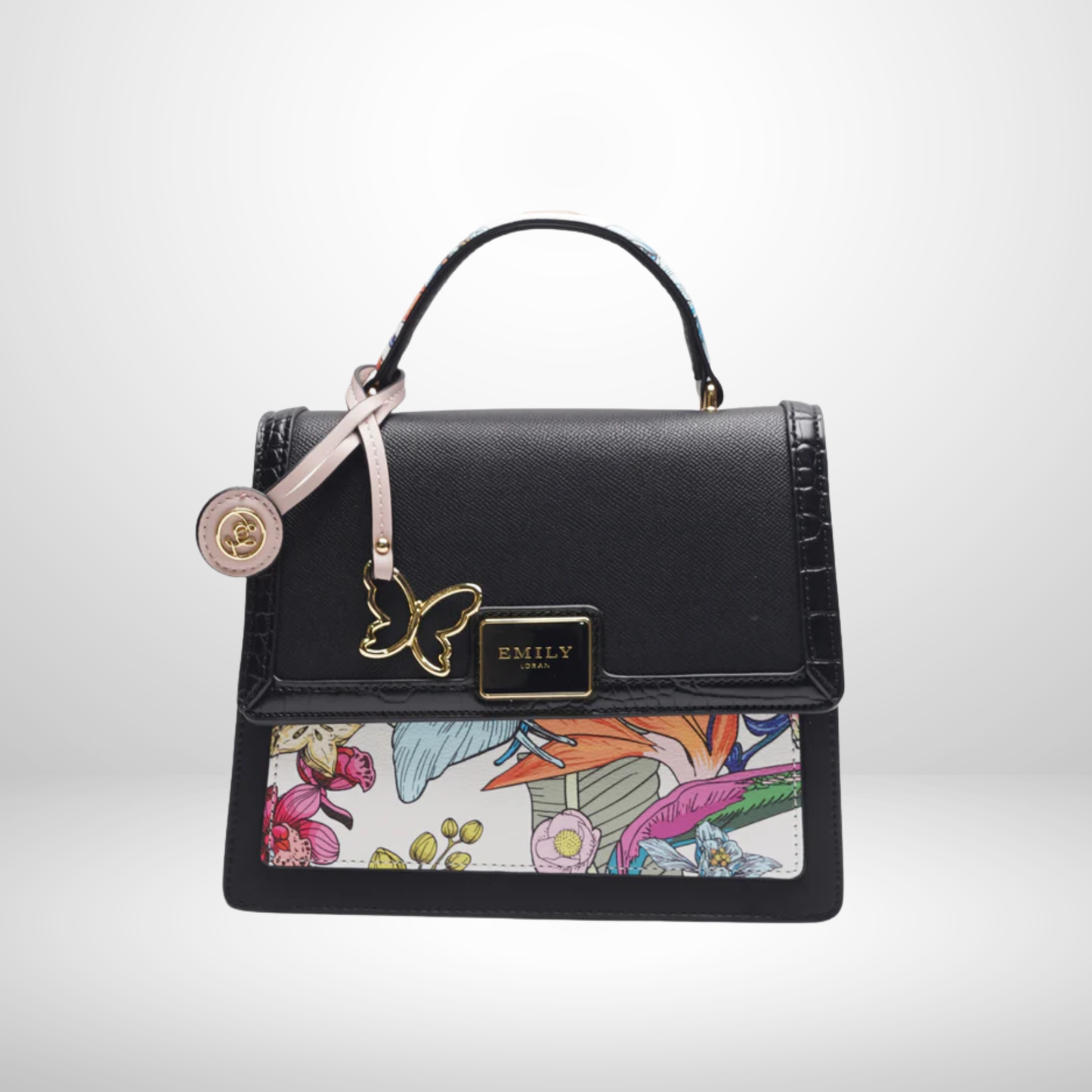 Black Floral Butterfly Top Handle Bag with Flap Closure and Detachable Strap