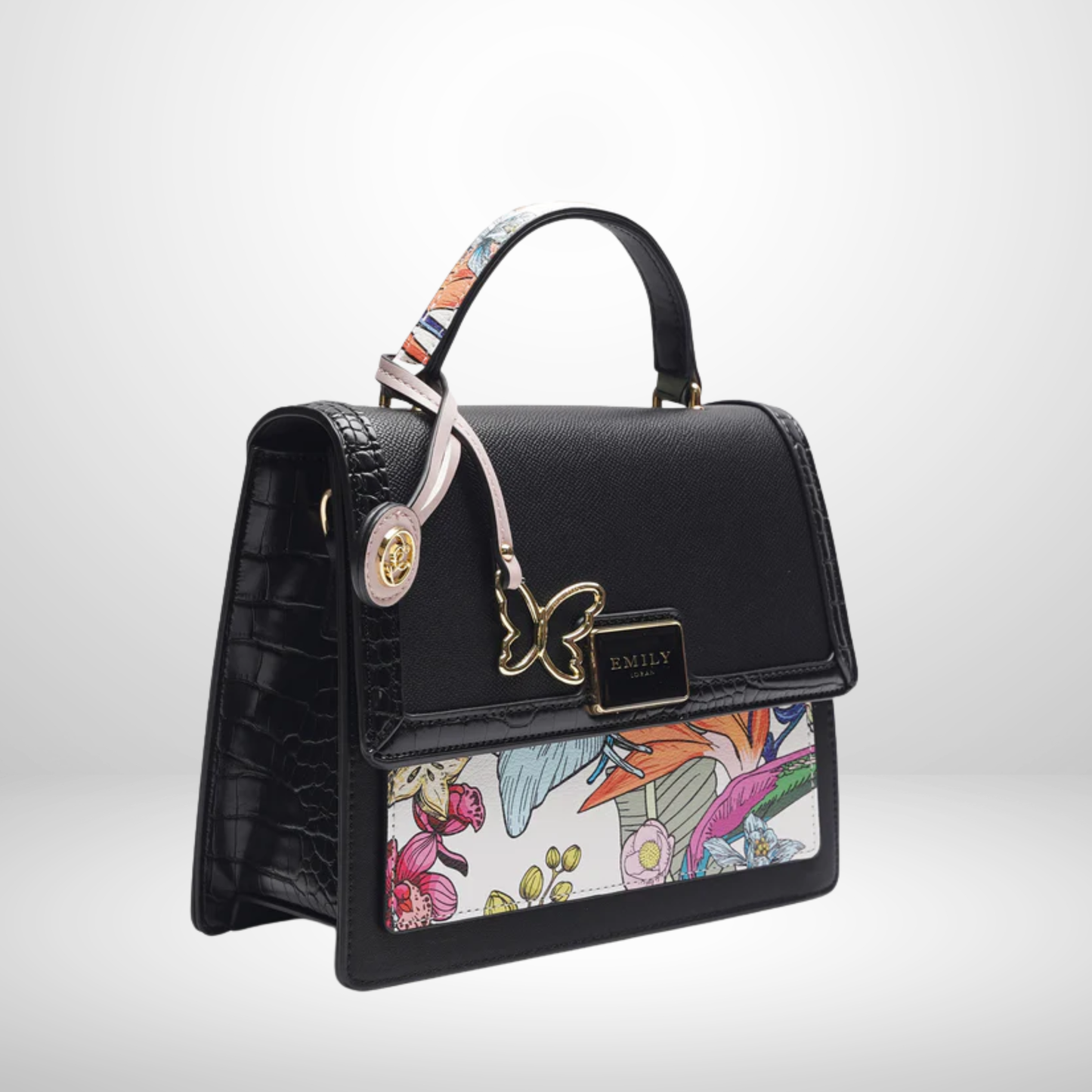 Black Floral Butterfly Top Handle Bag with Flap Closure and Detachable Strap