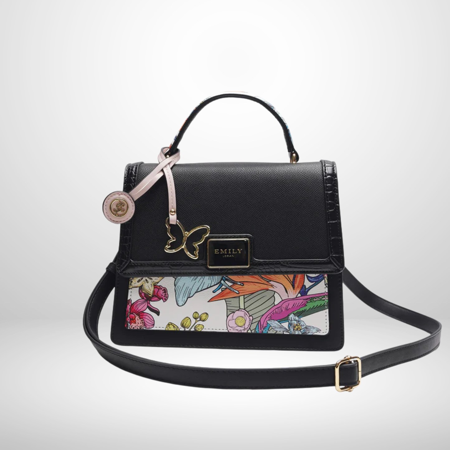 Black Floral Butterfly Top Handle Bag with Flap Closure and Detachable Strap
