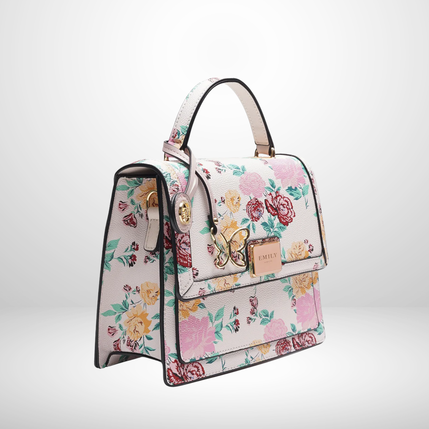 Elegant floral top handle handbag with gold hardware and detachable shoulder strap on white background
