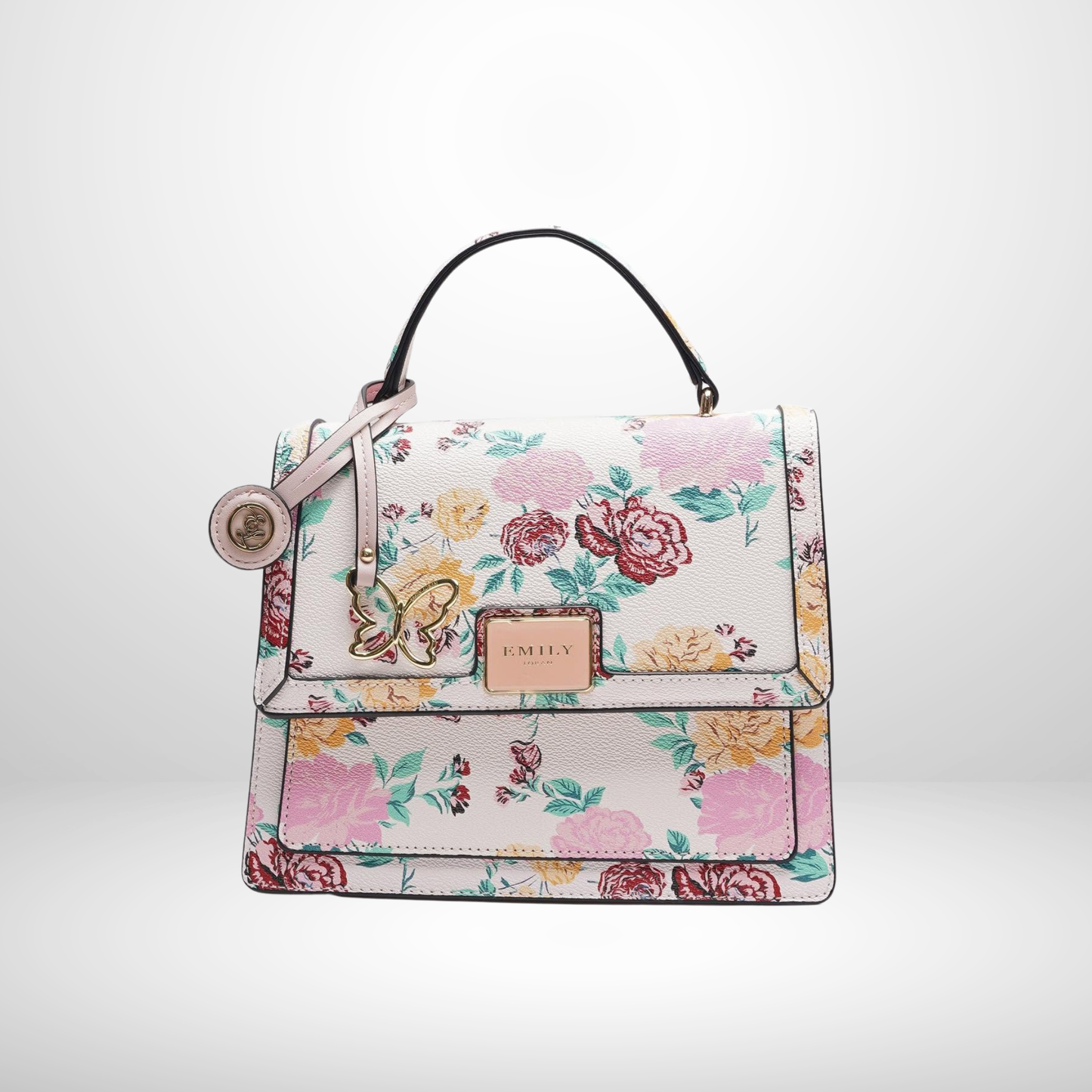 Elegant floral top handle handbag with gold hardware and detachable shoulder strap on white background
