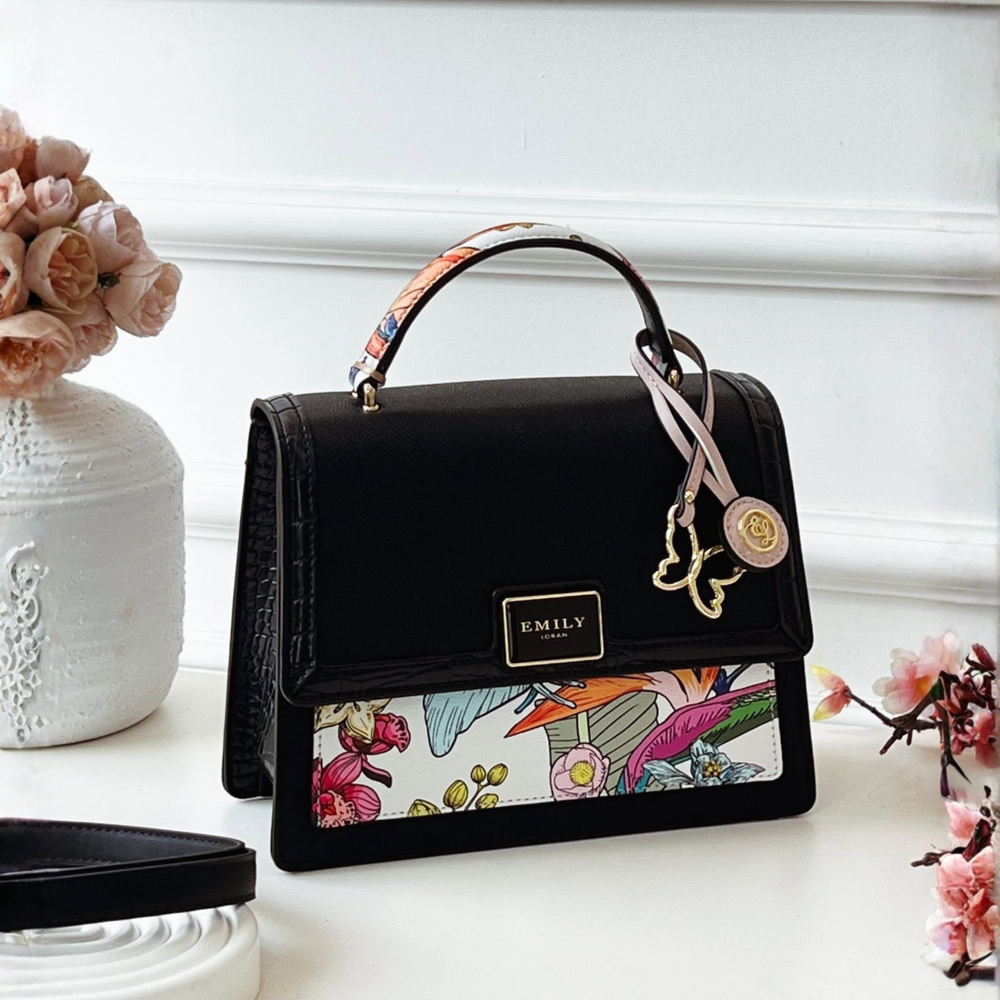 Black Floral Butterfly Top Handle Bag with Flap Closure and Detachable Strap