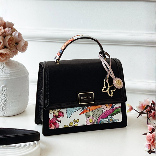 Black Floral Butterfly Top Handle Bag with Flap Closure and Detachable Strap