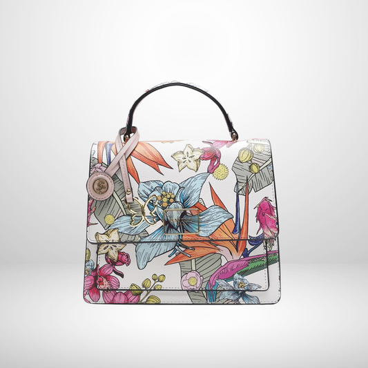 Colorful handbag with floral and bird design on a white background