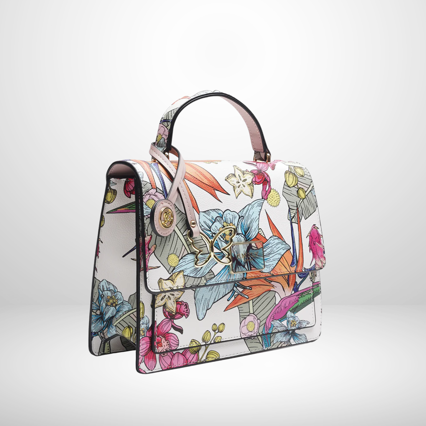 Tropical Printed Top Handle Handbag with Flap Closure and Detachable Strap