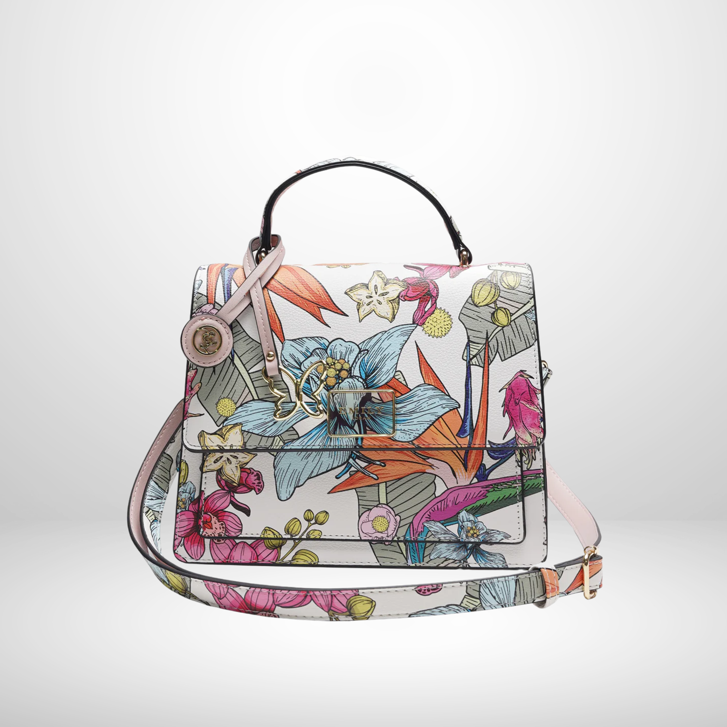 Tropical Printed Top Handle Handbag with Flap Closure and Detachable Strap