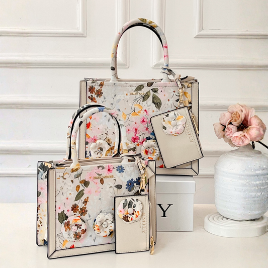 Cream Floral Top Handle Medium Sized Bag with 3D Flowers