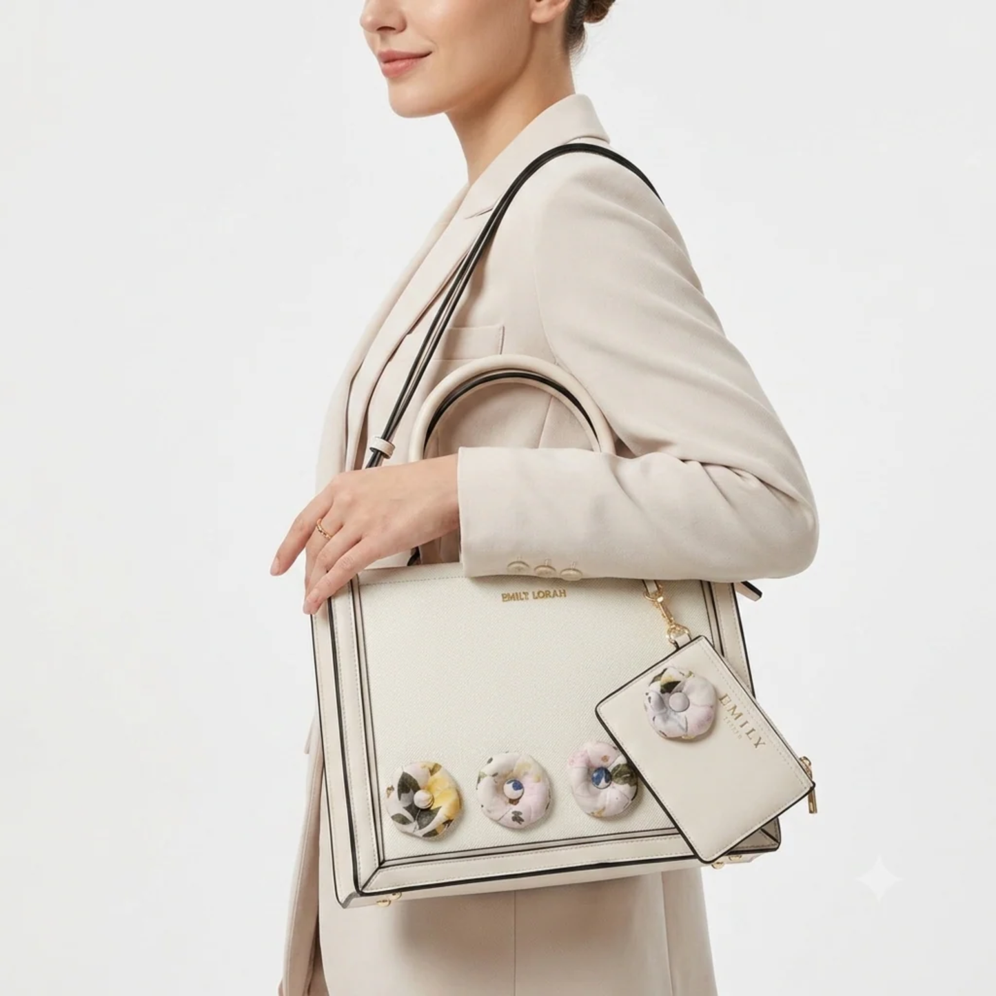 Beige Top Handle Medium Sized Bag with 3D Flowers