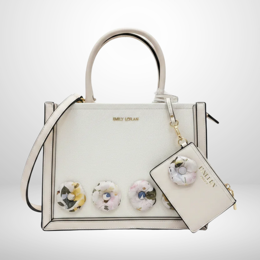Beige Top Handle Medium Sized Bag with 3D Flowers