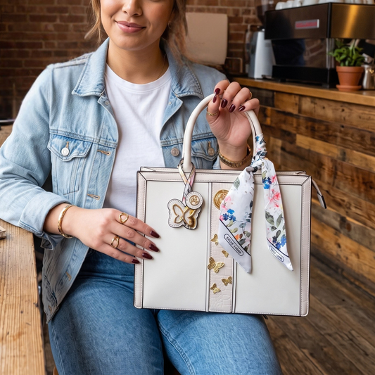 White Butterfly Embellished Handbag with Floral Scarf