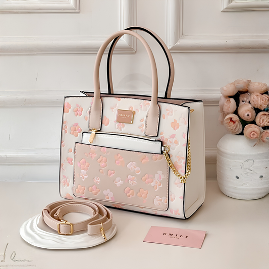 Pink Cherry Blossom Printed Satchel Tote Bag with Pouch