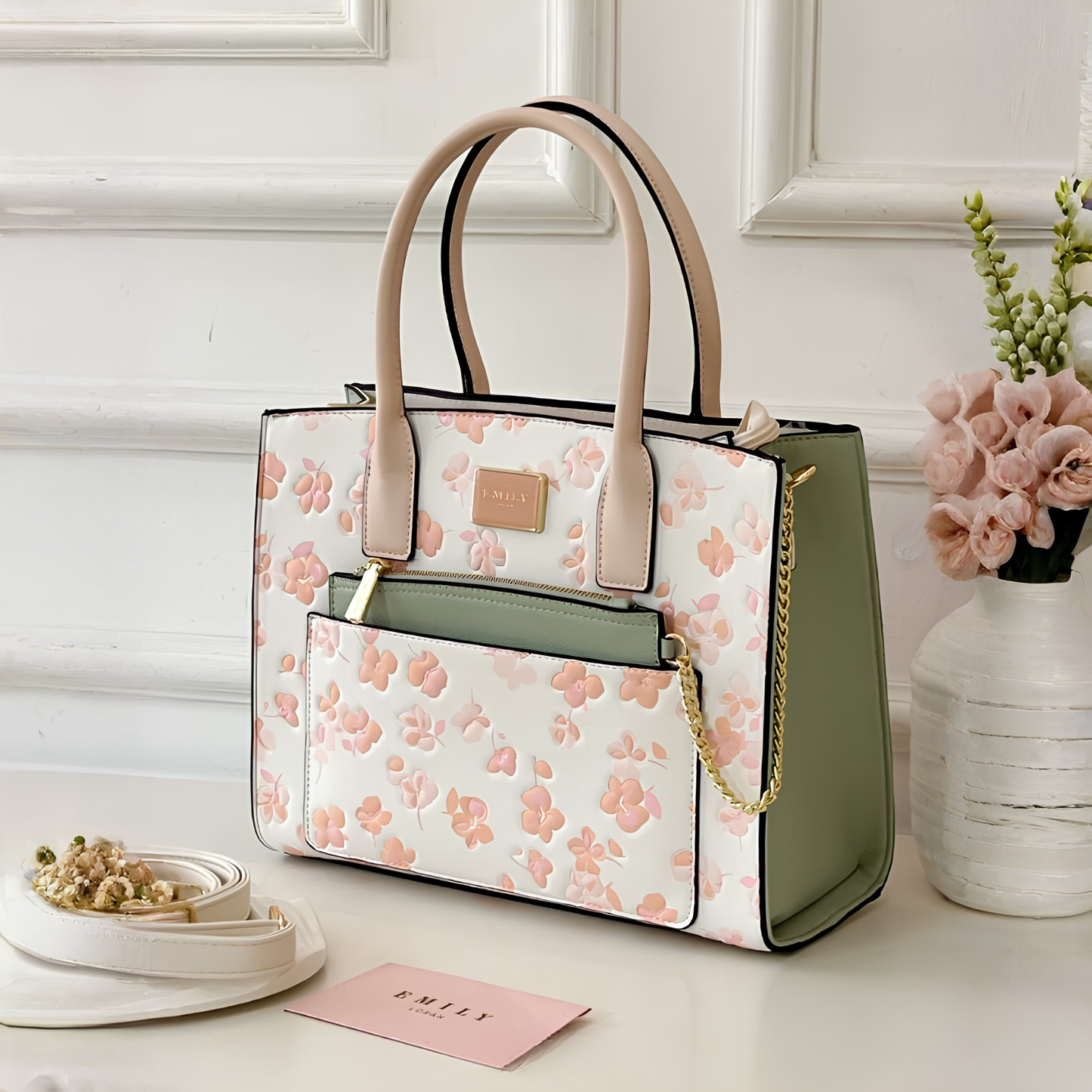 Cherry Blossom Printed White Multicolour Satchel Tote Bag with Pouch