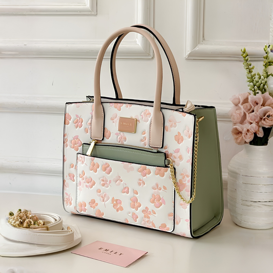 Cherry Blossom Printed White Multicolour Satchel Tote Bag with Pouch