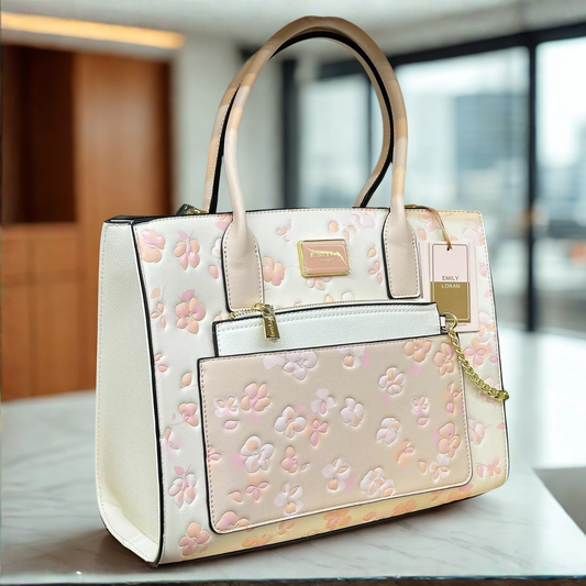 Large Cherry Blossom Printed White Multicolour Satchel Tote Bag with Pouch
