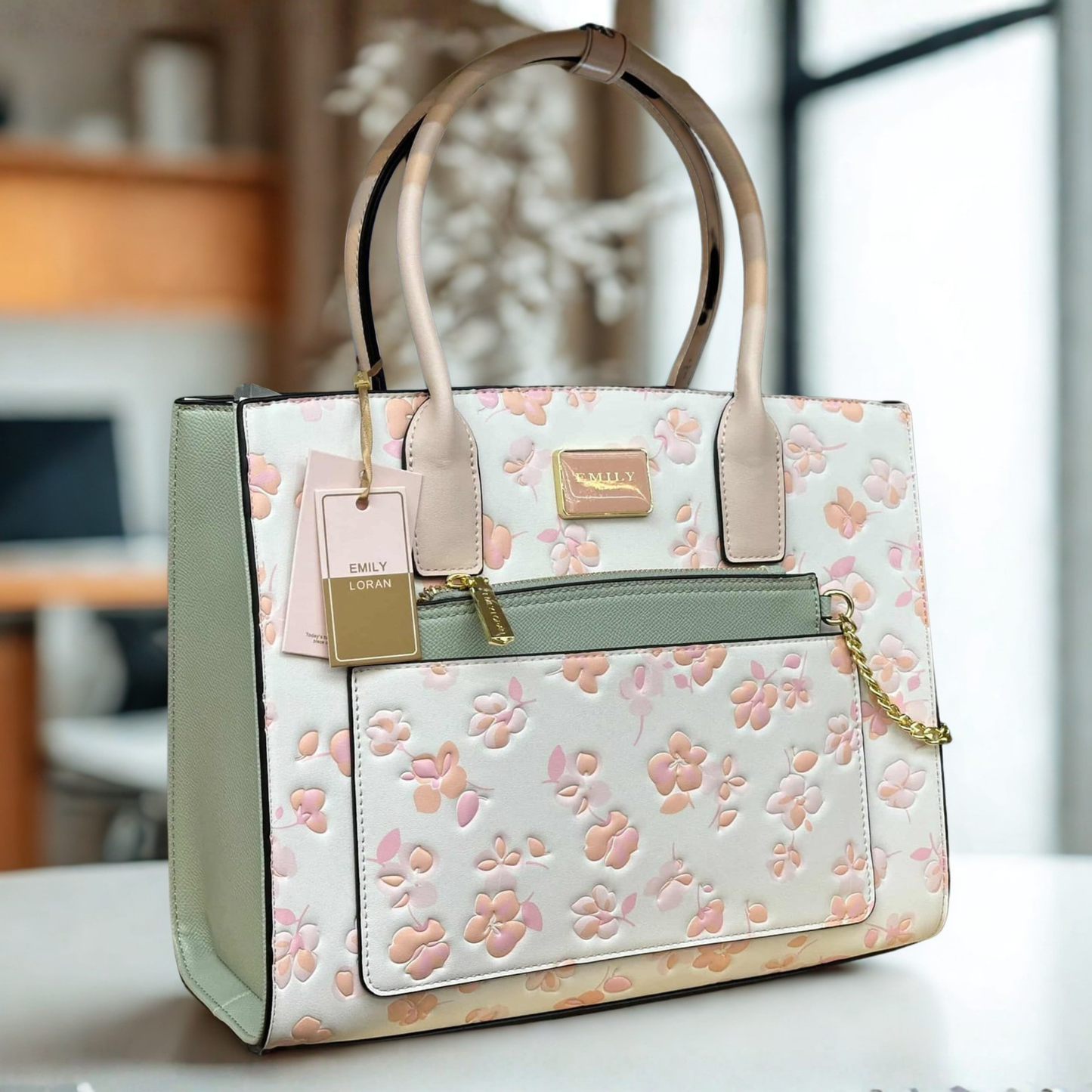 Large Cherry Blossom Printed Black Multicolour Satchel Tote Bag with Pouch