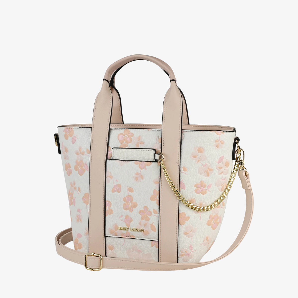 White Floral Handbag with Gold Chain Strap