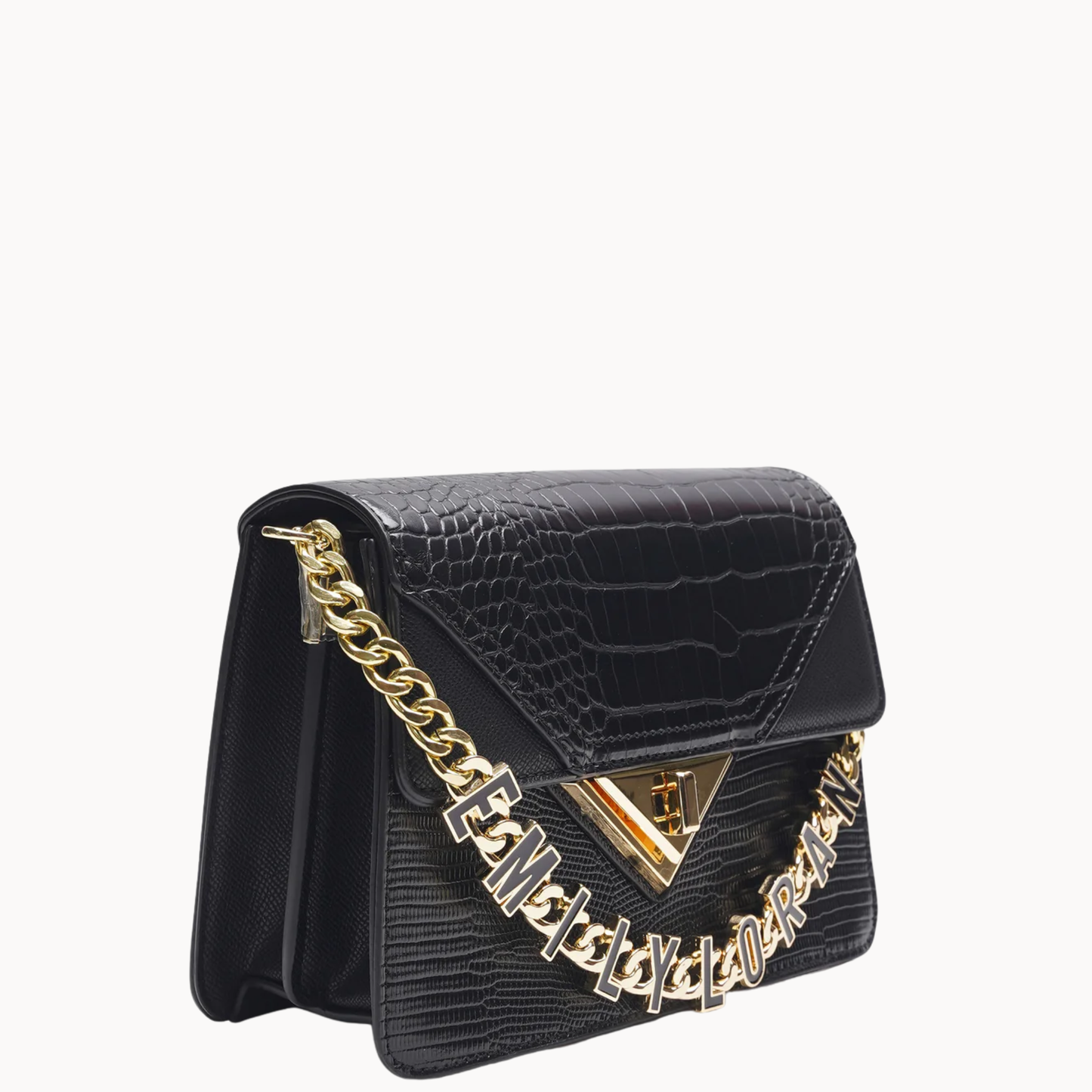 Black Croc Effect Chain Crossbody Bag