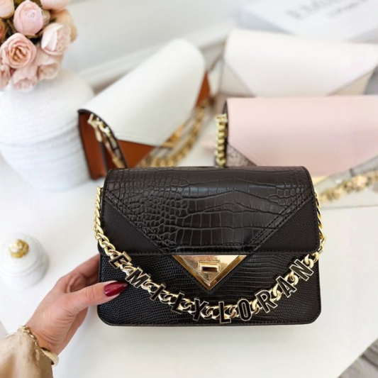 Black Croc Effect Chain Crossbody Bag