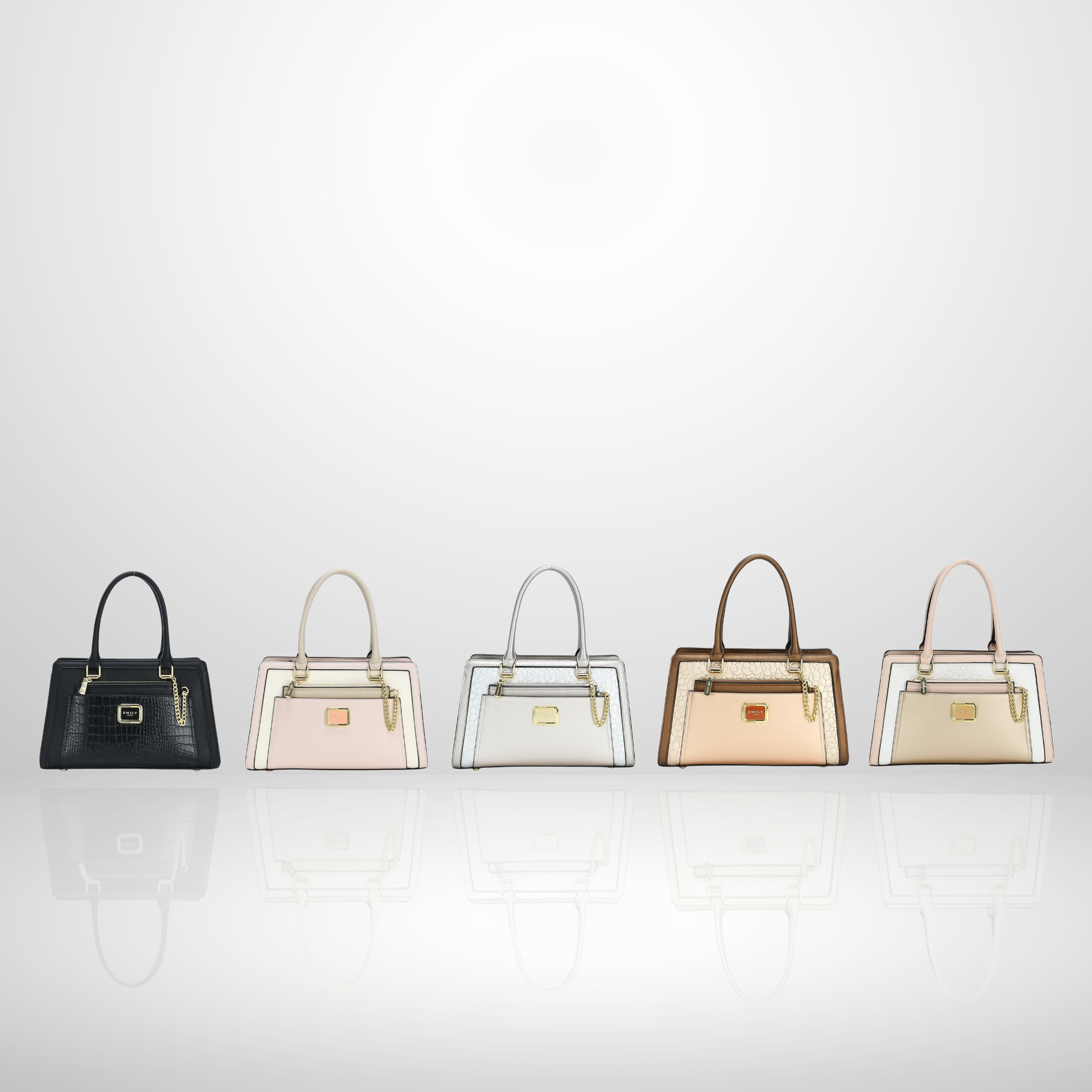 Structured handbags in black, pink, white, tan, and beige with metallic accents and decorative chains on reflective background