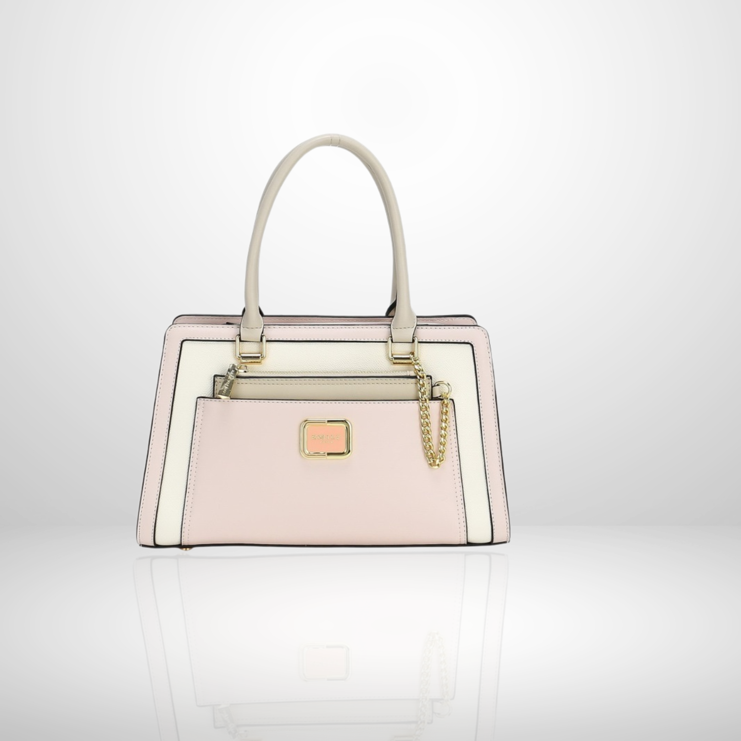Structured handbag in  beige with metallic accents and decorative chains on reflective background