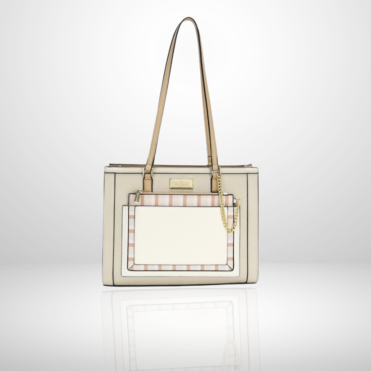 women's structured shoulder tote bag collection featuring black, white striped, pink floral, and beige designs with front pocket and gold chain detail.