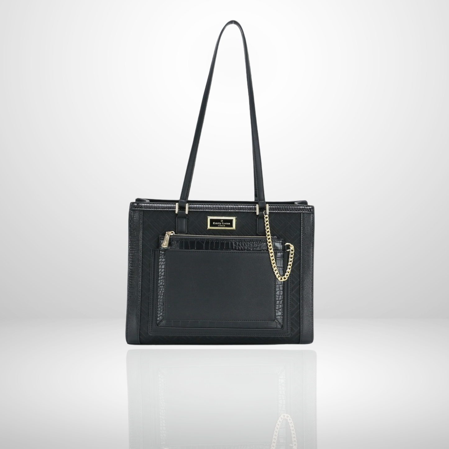 women's structured shoulder tote bag collection featuring black, white striped, pink floral, and beige designs with front pocket and gold chain detail.