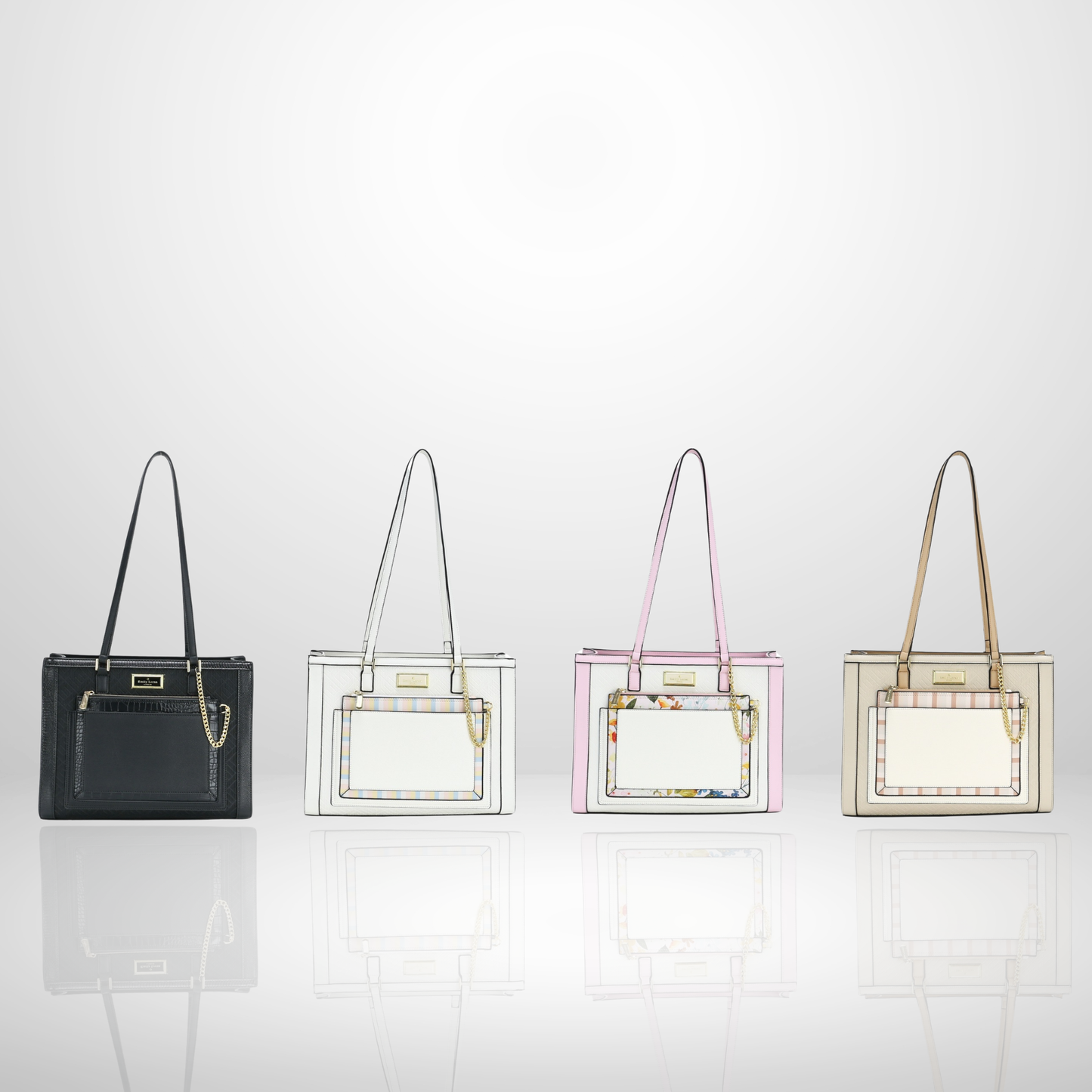 women's structured shoulder tote bag collection featuring black, white striped, pink floral, and beige designs with front pocket and gold chain detail.