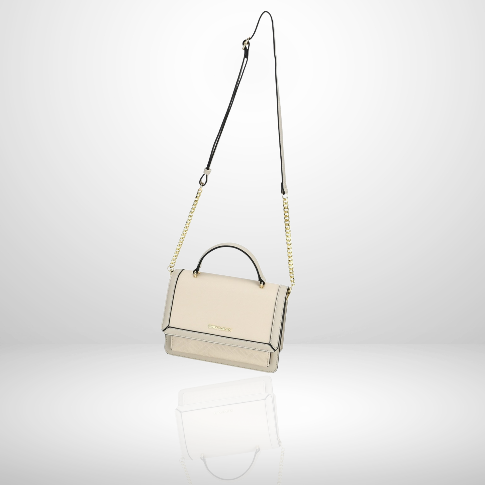 Elegant structured women's handbag with top handle, detachable crossbody strap and gold chain detail in black, nude, cream and pastel colors.
