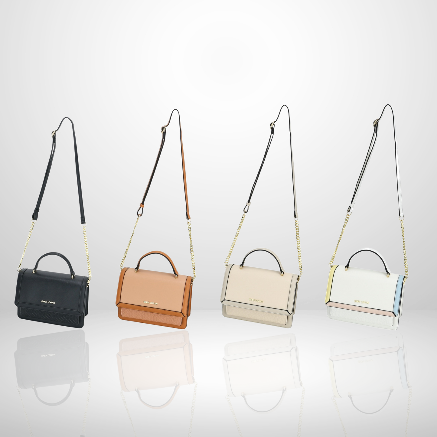 Elegant structured women's handbag with top handle, detachable crossbody strap and gold chain detail in black, nude, cream and pastel colors.