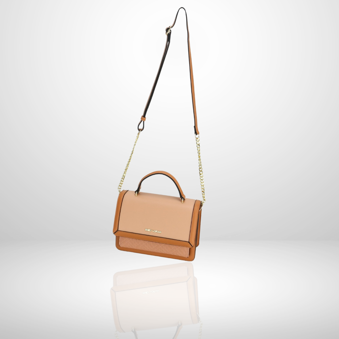 Elegant structured women's handbag with top handle, detachable crossbody strap and gold chain detail in black, nude, cream and pastel colors.