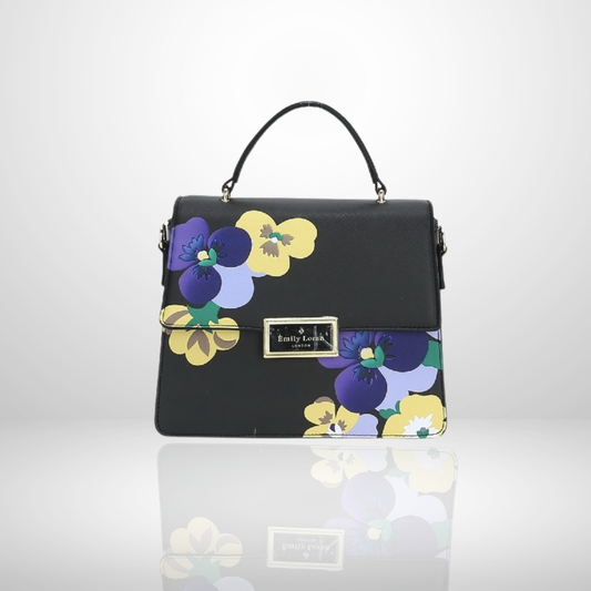 Pia Top Handle Black Floral Handbag