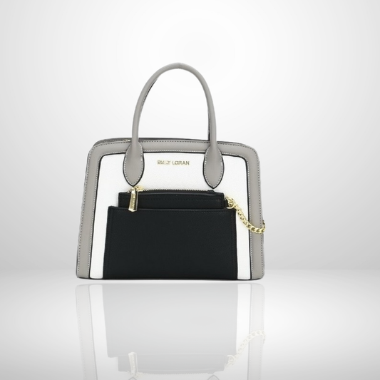 Structured women's top handle handbag with detachable zip pouch, front zip pocket, gold chain detail, available in black, pastel and striped designs.