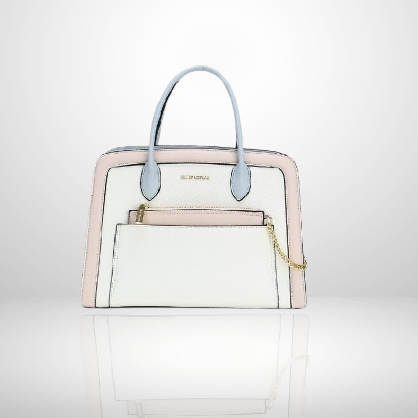 Structured women's top handle handbag with detachable zip pouch, front zip pocket, gold chain detail, available in black, pastel and striped designs.