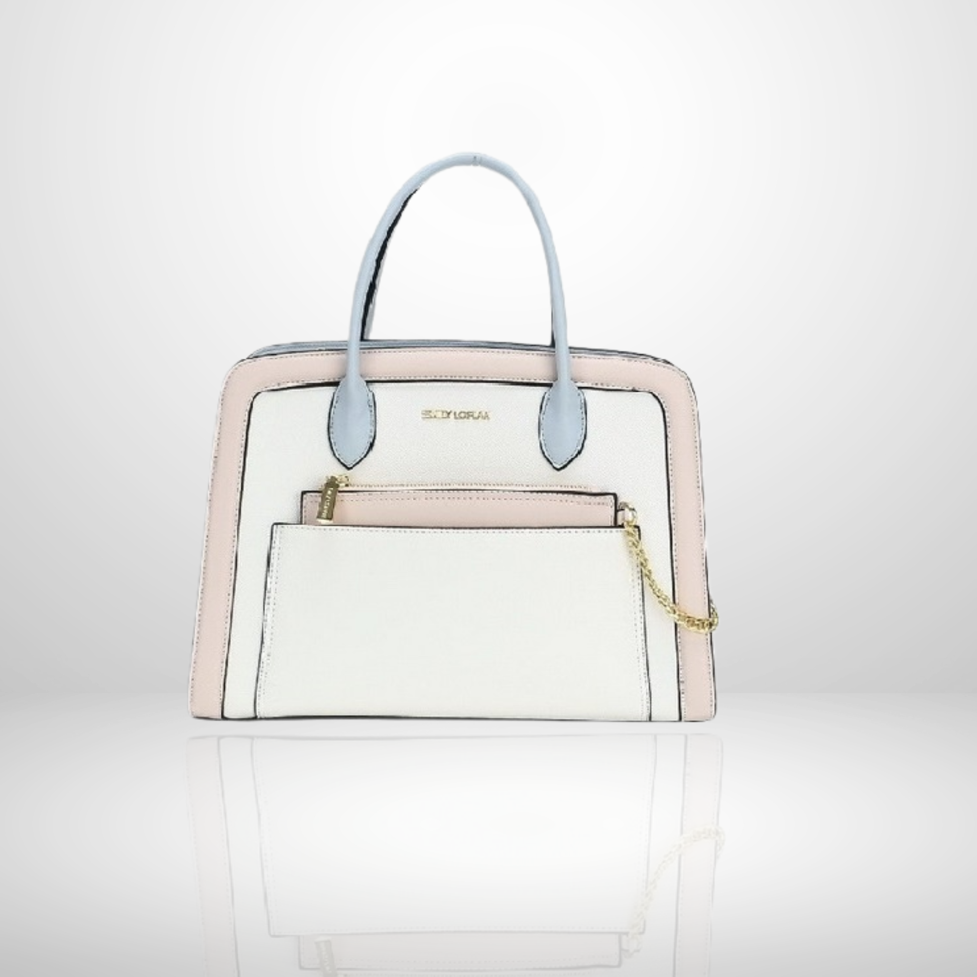 Structured women's top handle handbag with detachable zip pouch, front zip pocket, gold chain detail, available in black, pastel and striped designs.