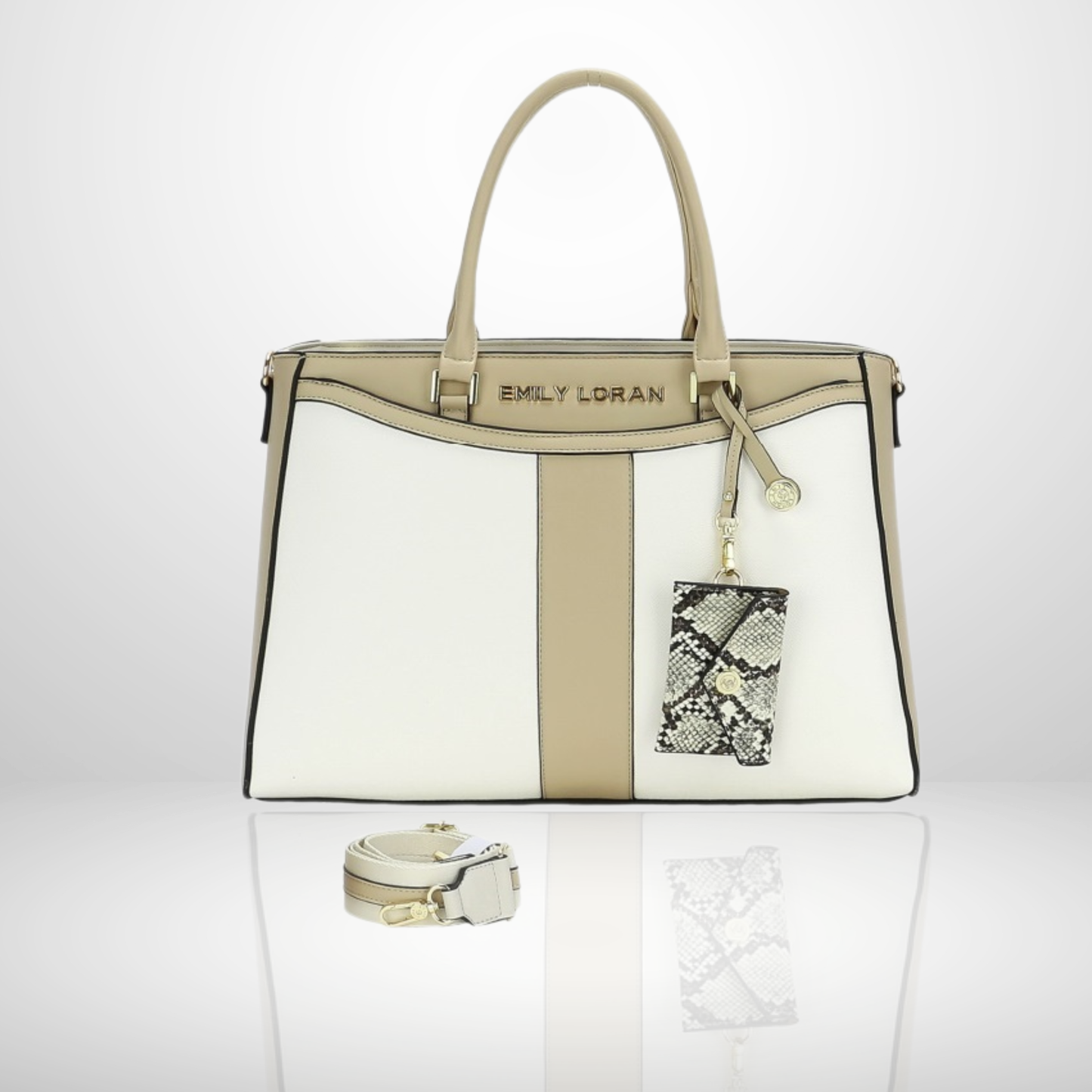 Structured City Tote Bag with Snake Print Pouch