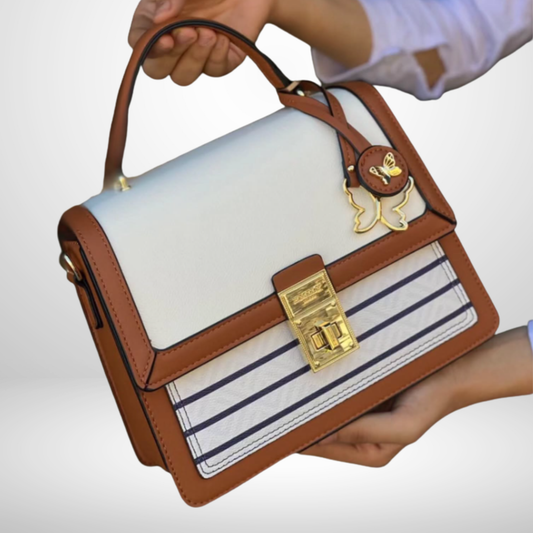 Janice Striped Turn Lock Top Handle Bag