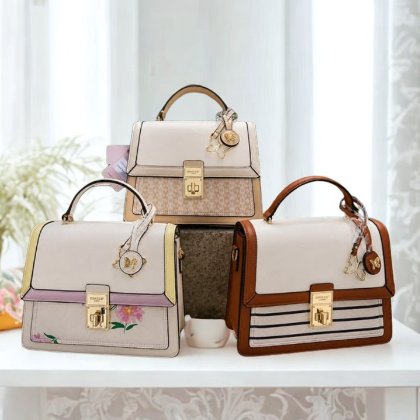 Janice Beige Turn Lock Top Handle Bag