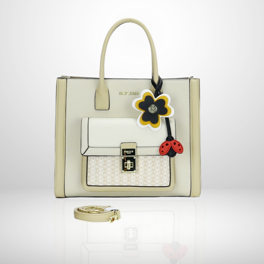 Giselle Beige Structured Tote Bag with Floral Charm