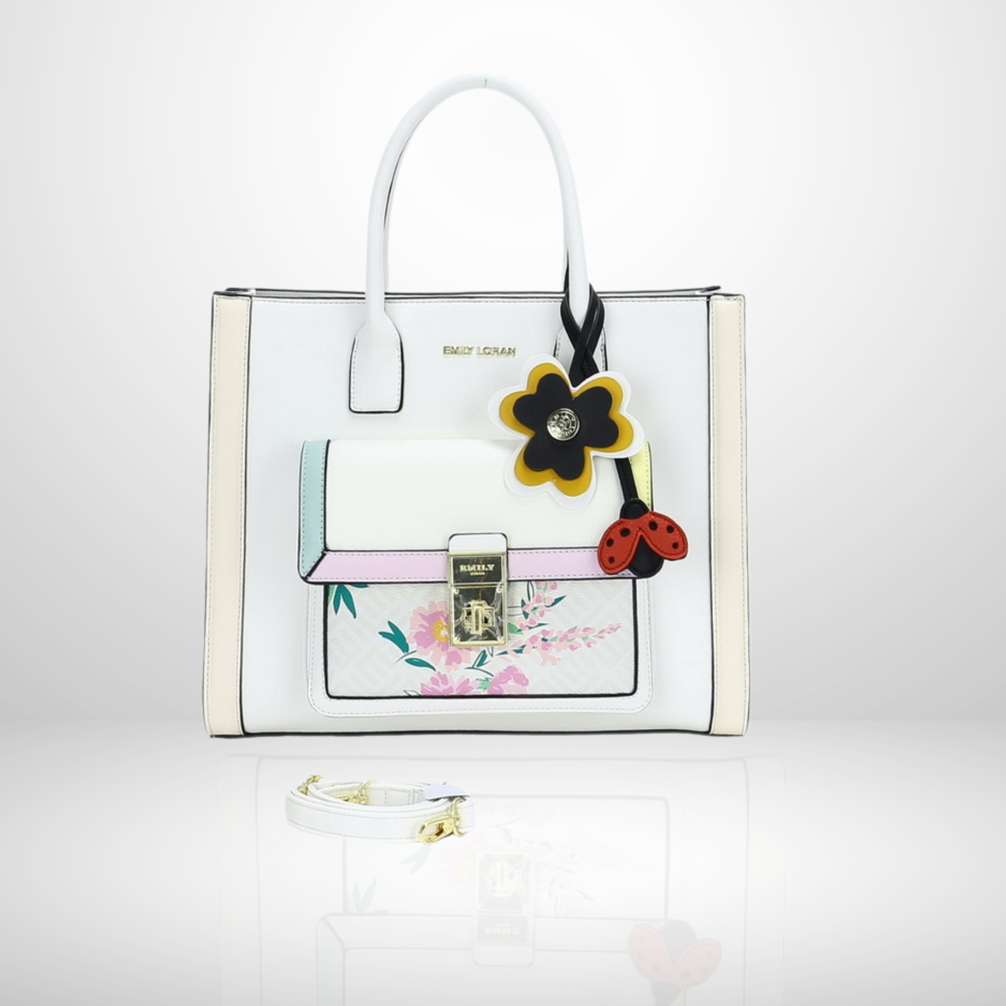 Giselle White Structured Tote Bag with Floral Charm