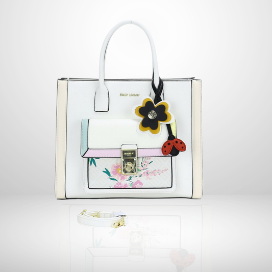 Giselle White Structured Tote Bag with Floral Charm