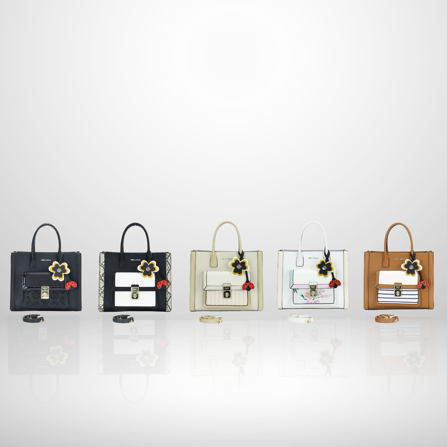 Five handbags of different colors and designs on a white background