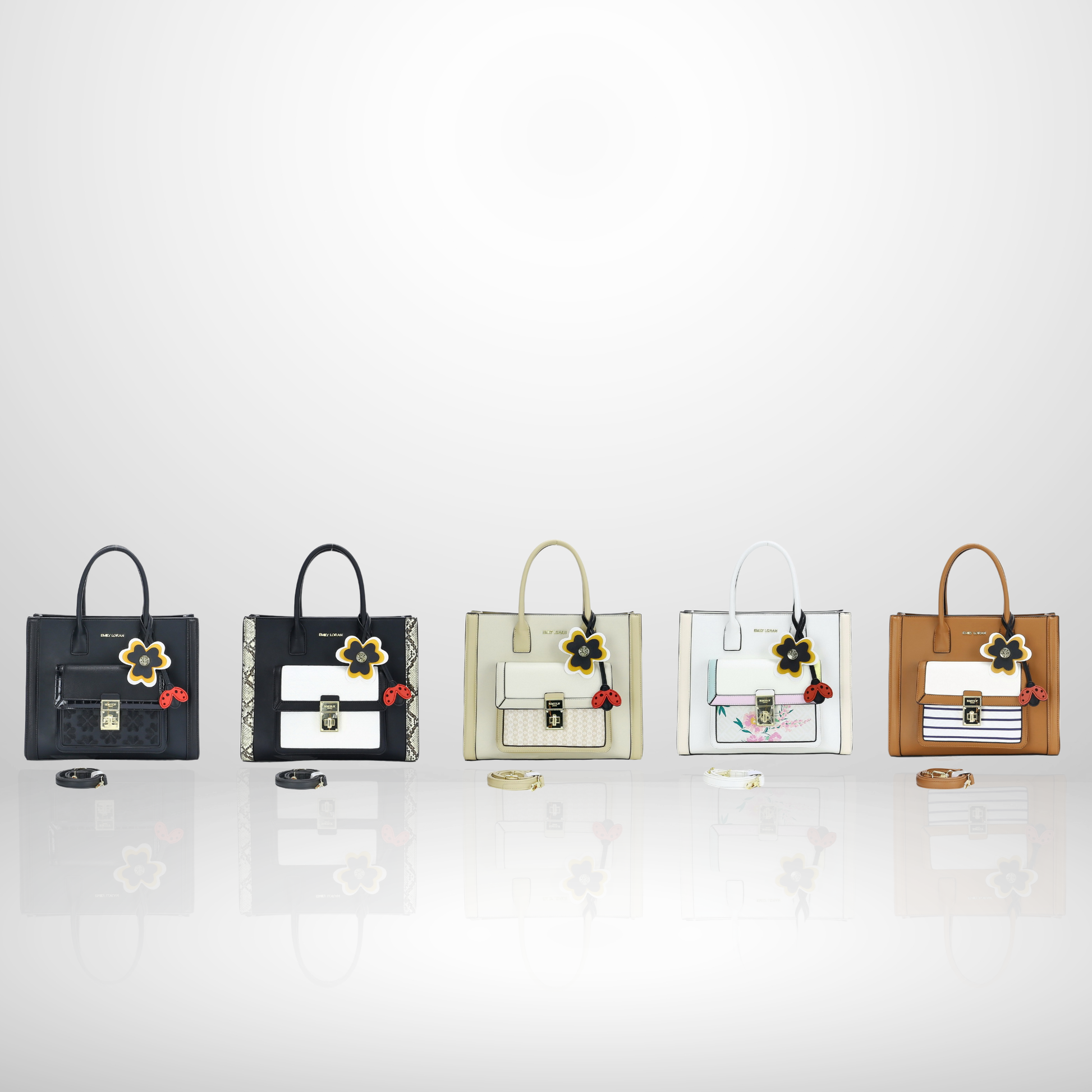 Five handbags of different colors and designs on a white background