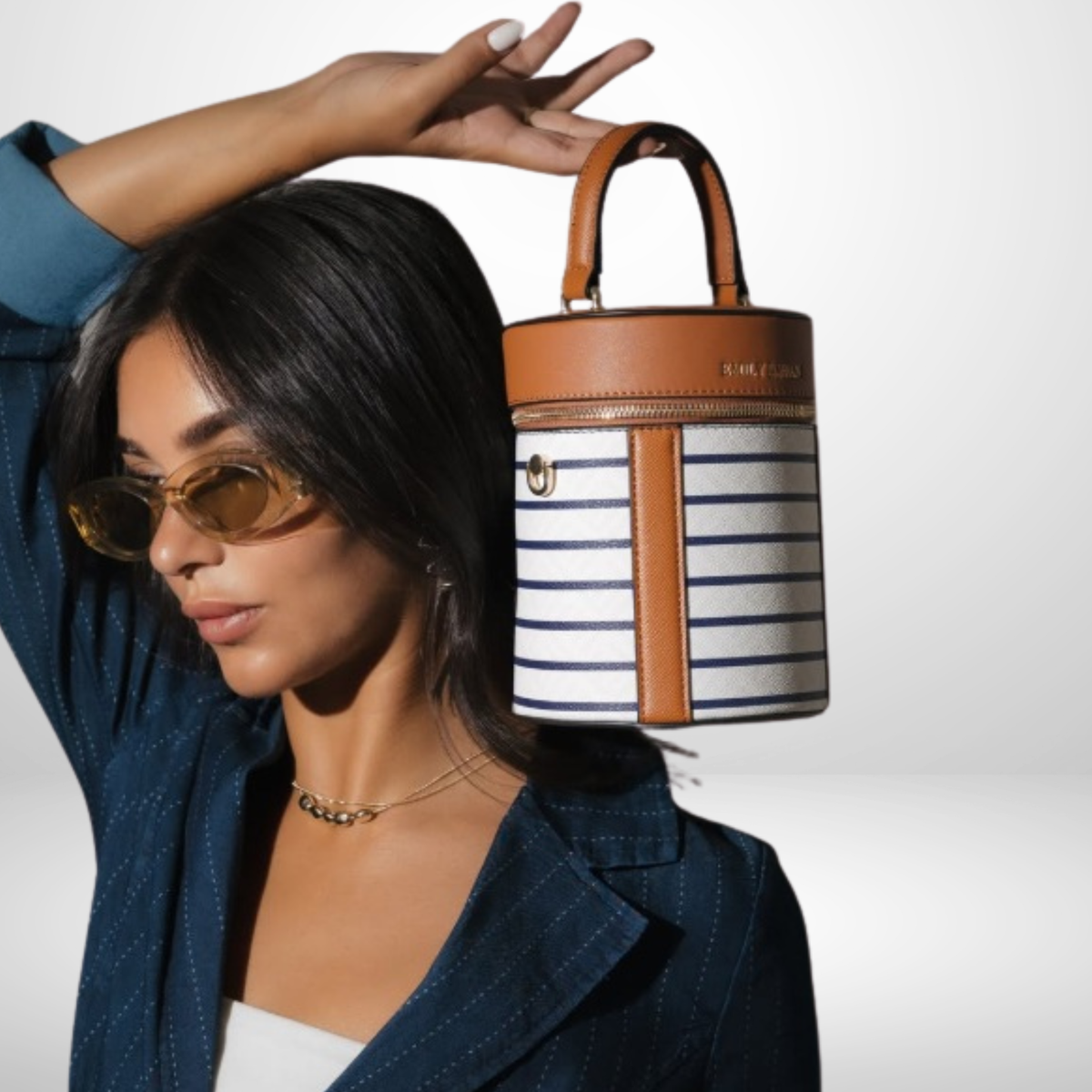 Laura Striped Top Handle Bucket Handbag