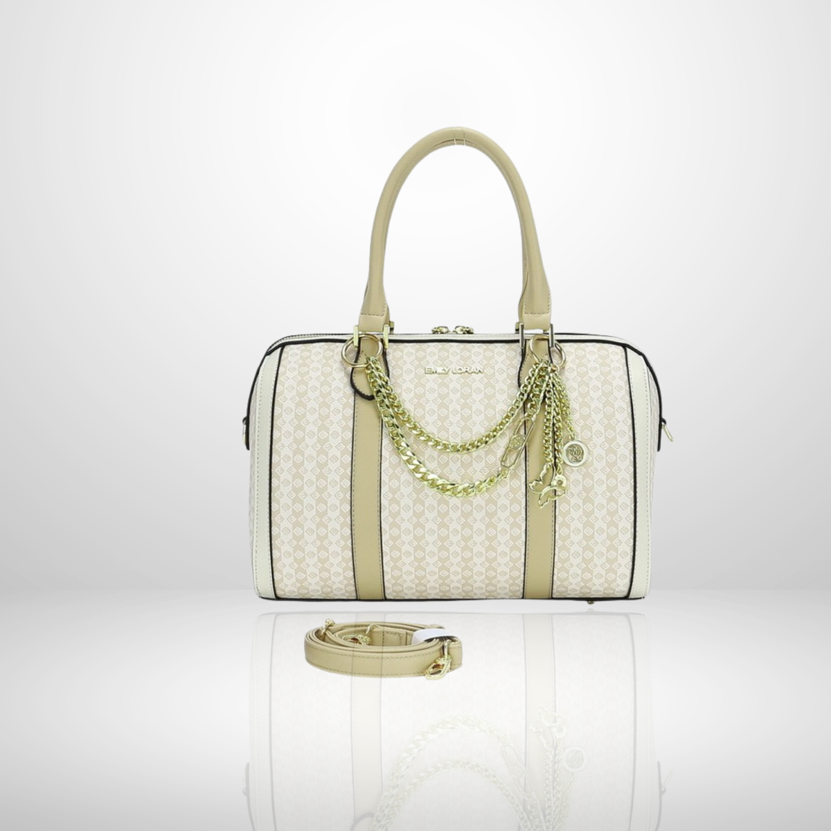 Marianne Beige Top Handle Bowling Bag with Charms Chains