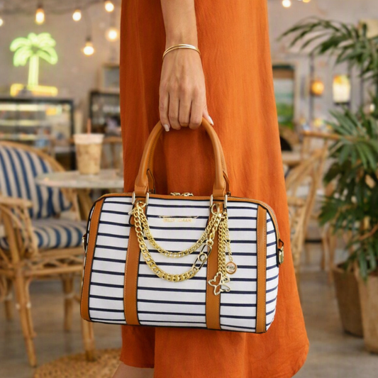 Marianne Striped Top Handle Bowling Bag with Charms Chains