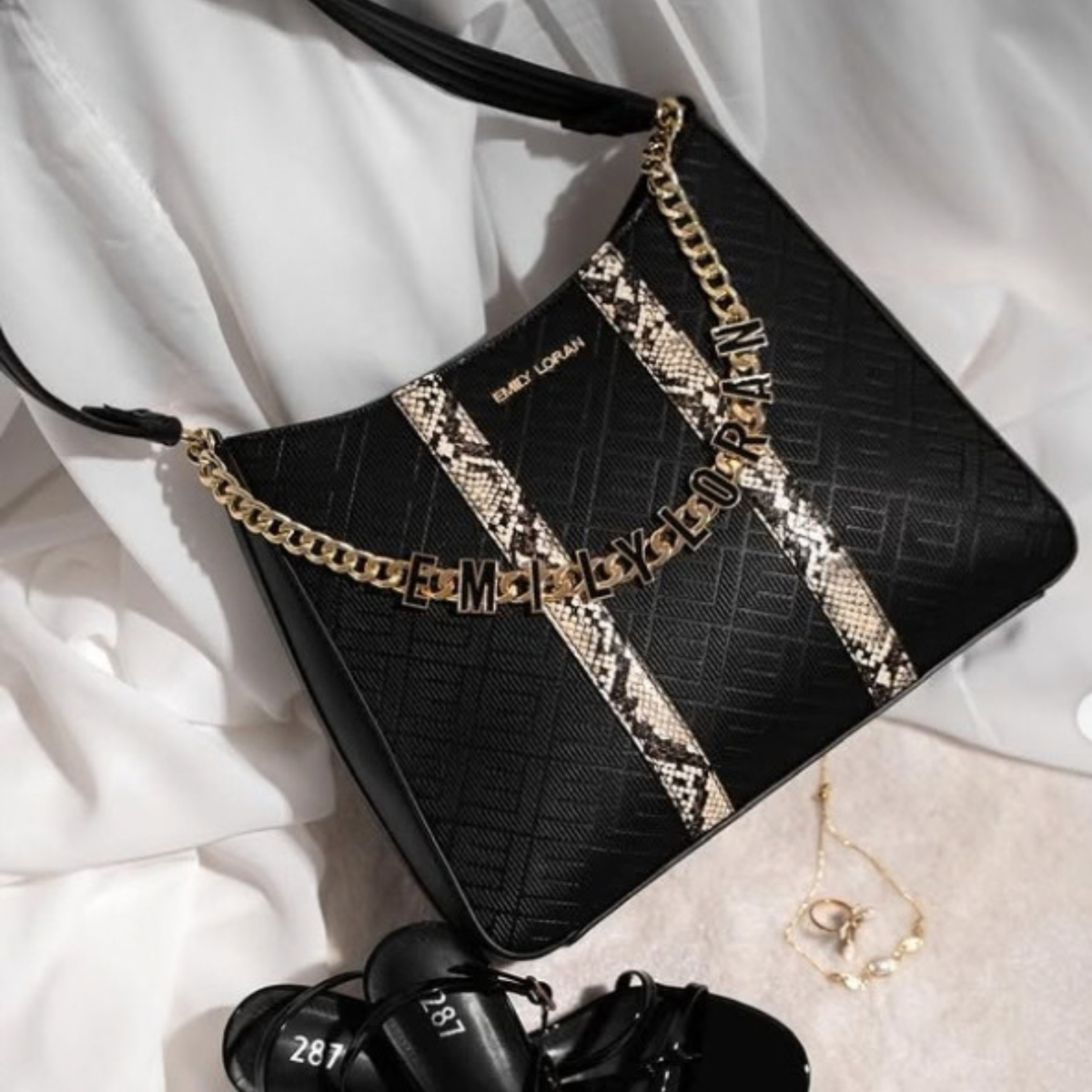 Helene Hobo Shoulder Bag with Logo Chain in Black